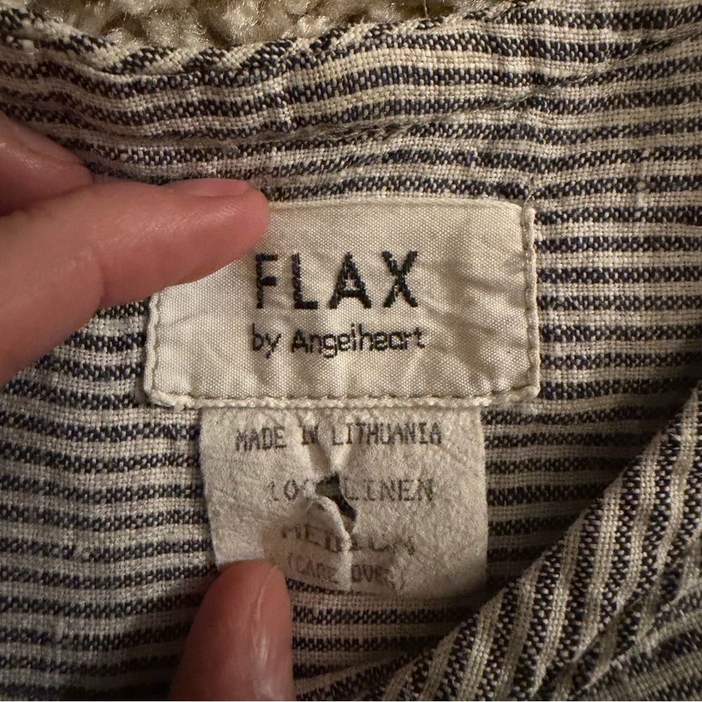 FLAX by Angelheart M Blue Taupe White Striped 100% Linen Short Sleeve T-Shirt - Picture 2 of 10